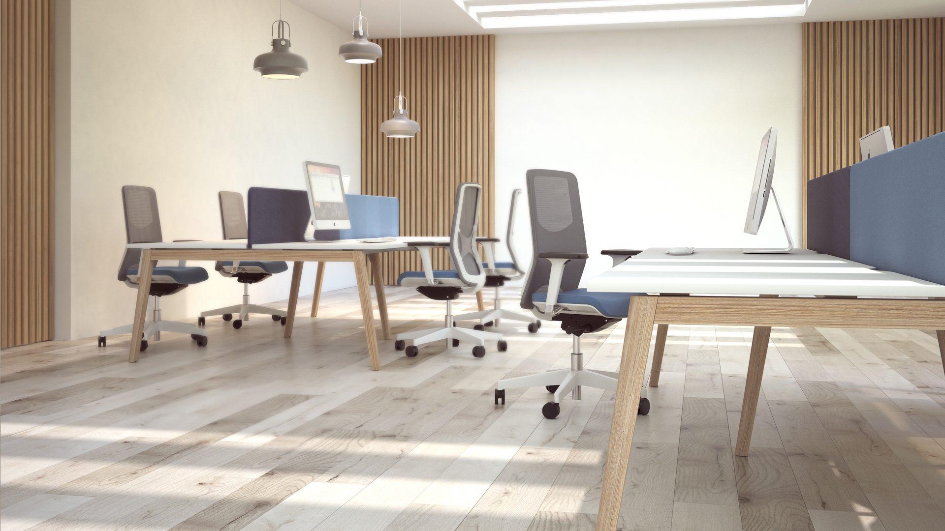 Bürotisch aus Holz mit HPL Tischplatte und ergonomischen Bürostühle