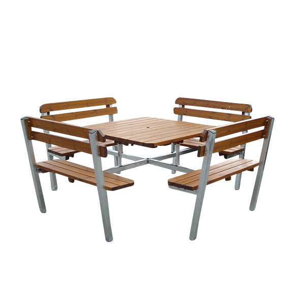 Gartentisch mit Metallgestell für Outdoorbereich wetterfest aus hochwertigem Holz in braun