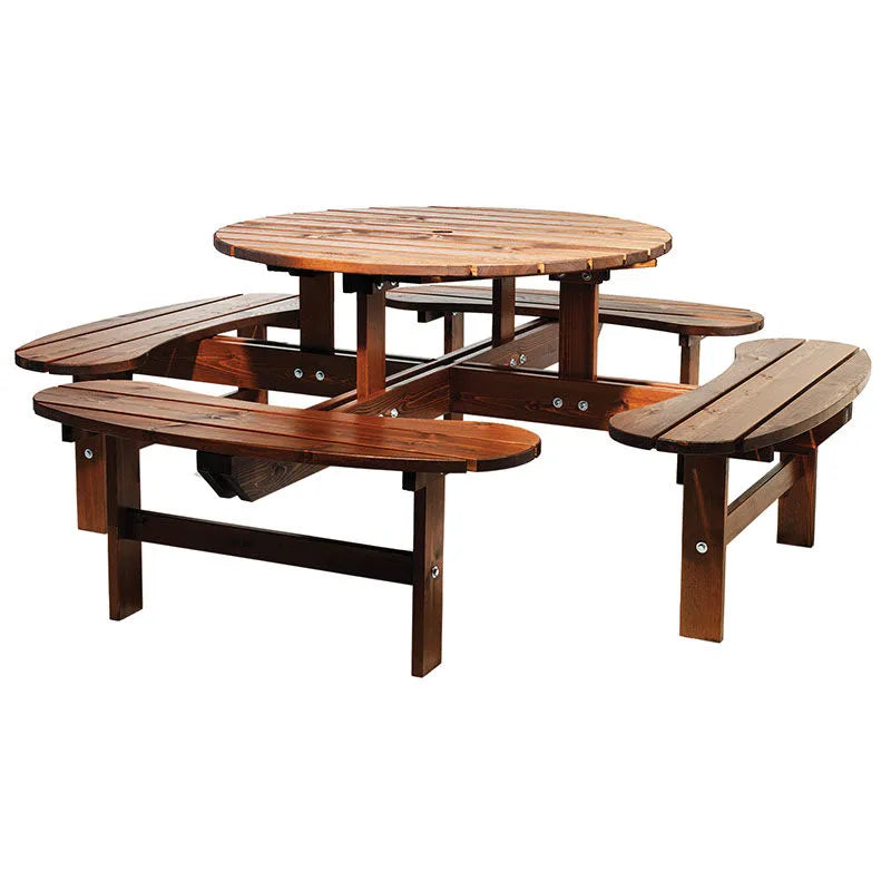Gartentisch rund aus Holz mit brauner Oberflaeche