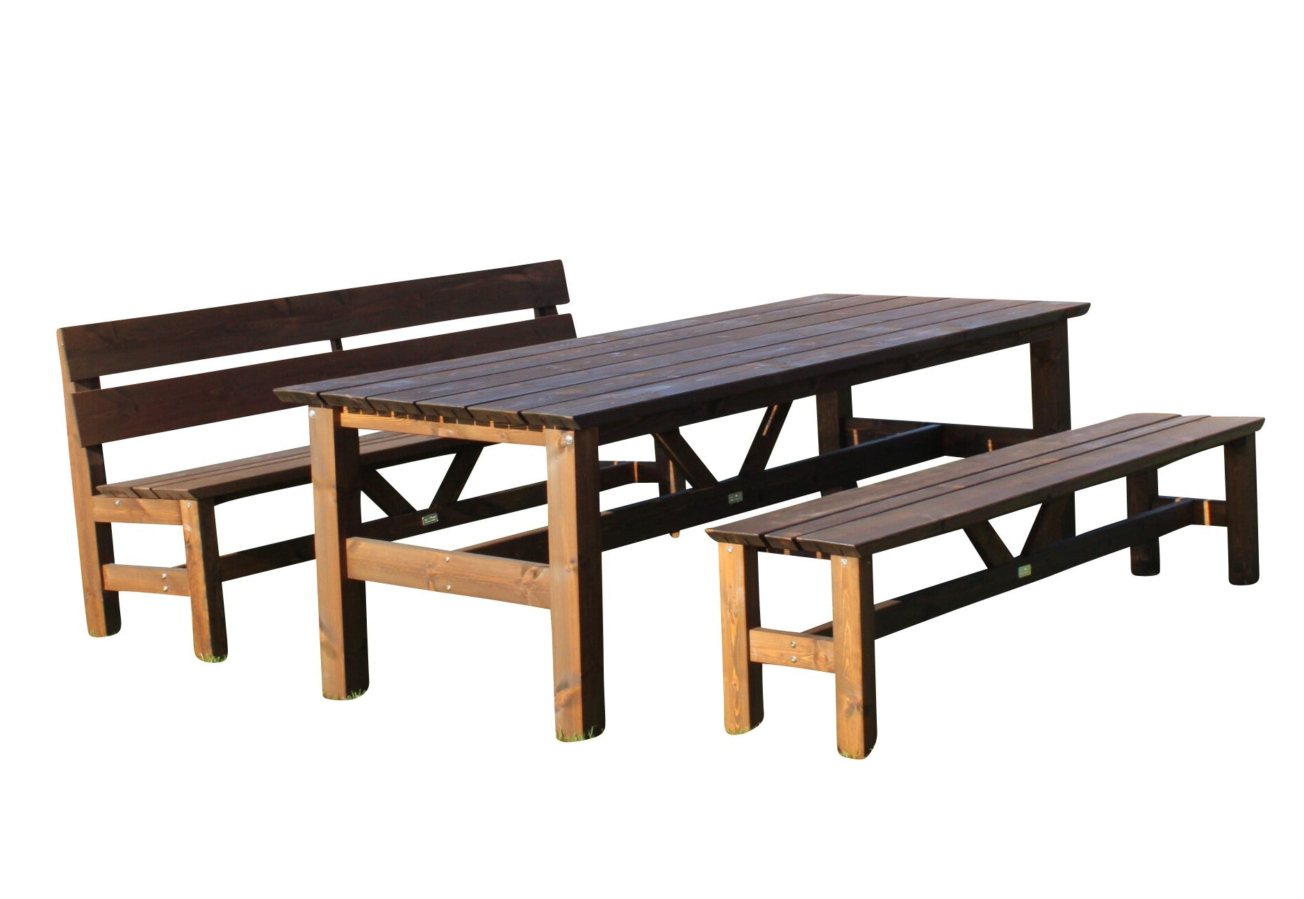 Gartentisch mit Gartenbaenke in braun aus hochwertigem Holz