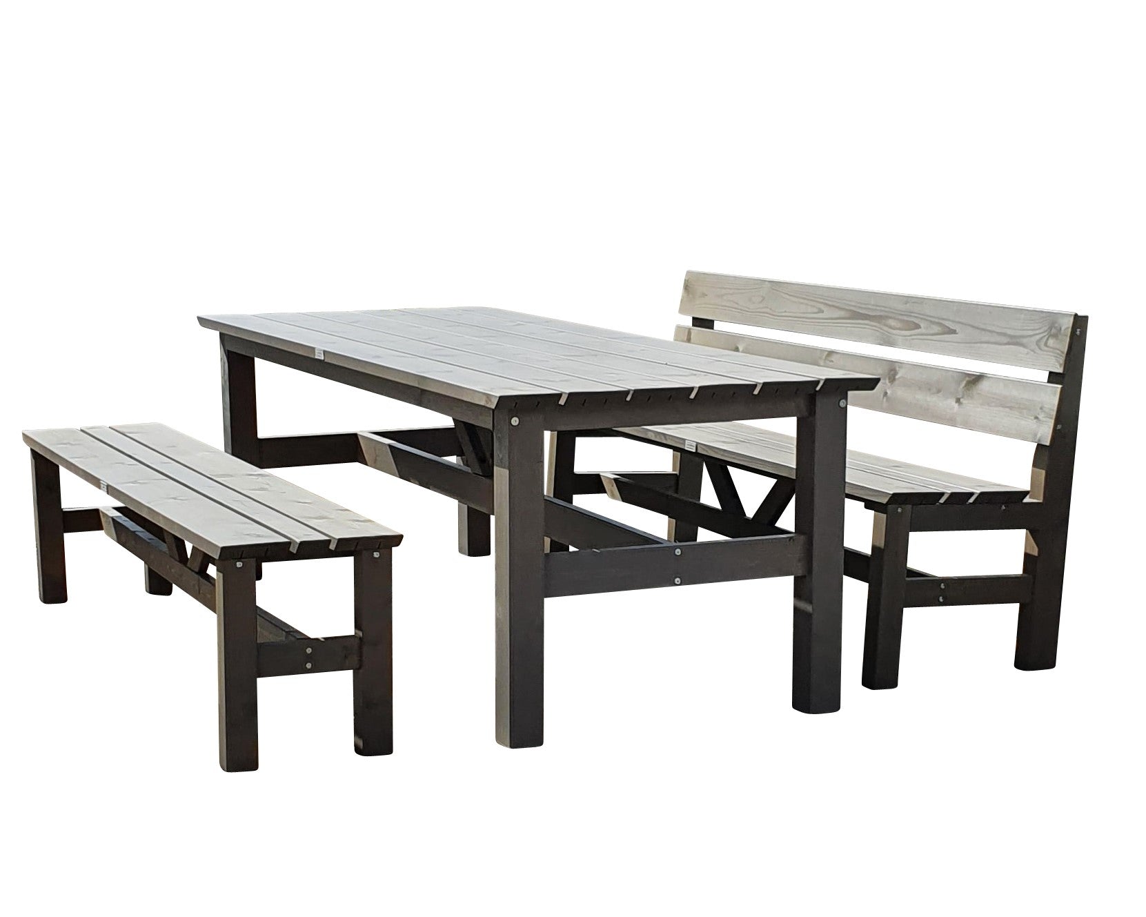 Gartentisch mit Gartenbaenke in grau aus hochwertigem Holz