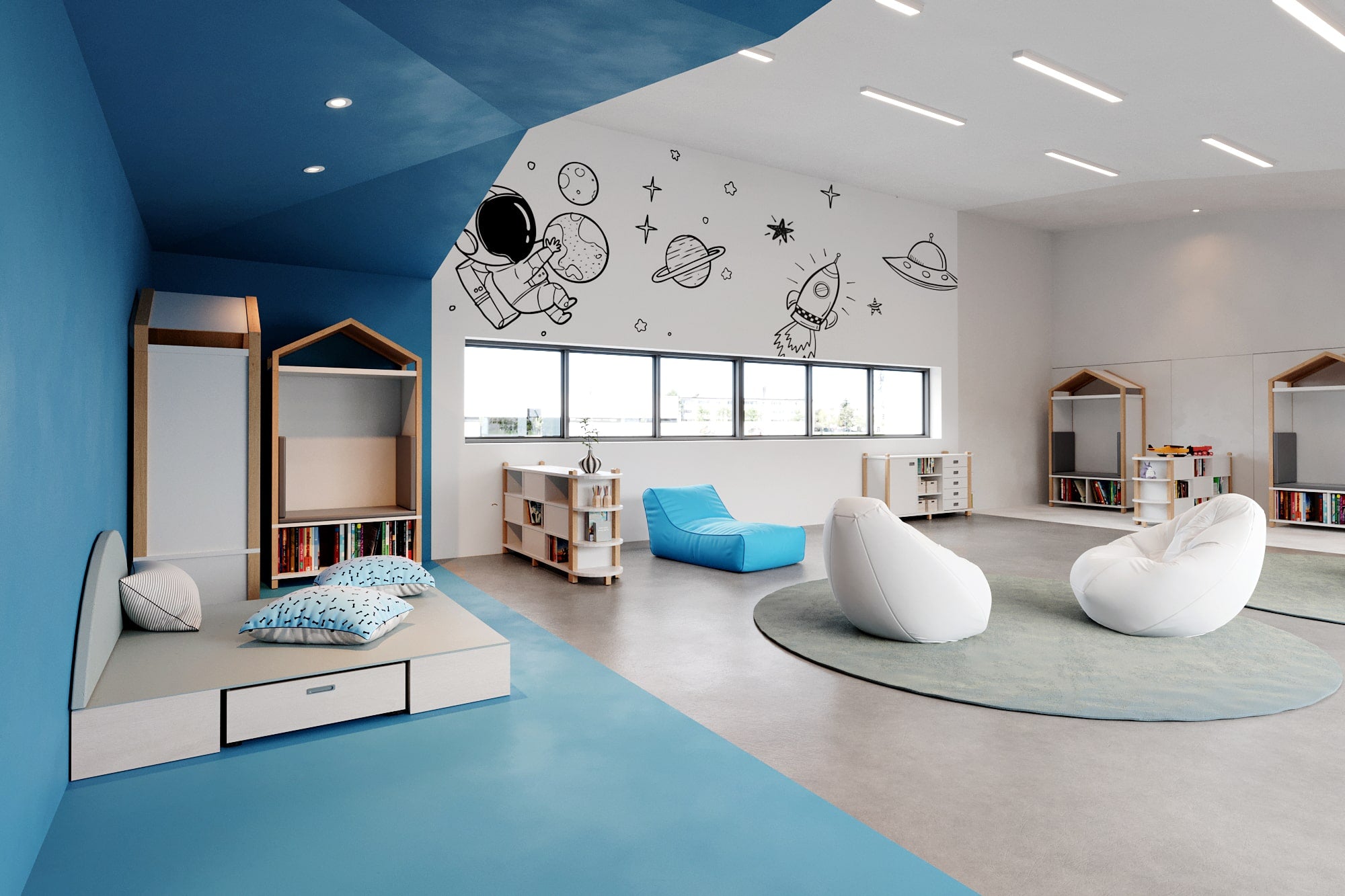 Kindergartenmoebel-Set mit bunten, kindgerechten Stuehlen, Tischen und Regalen in einem hellen Raum, ideal fuer Kitas und Kindergaerten, praesentiert von Kibemo
