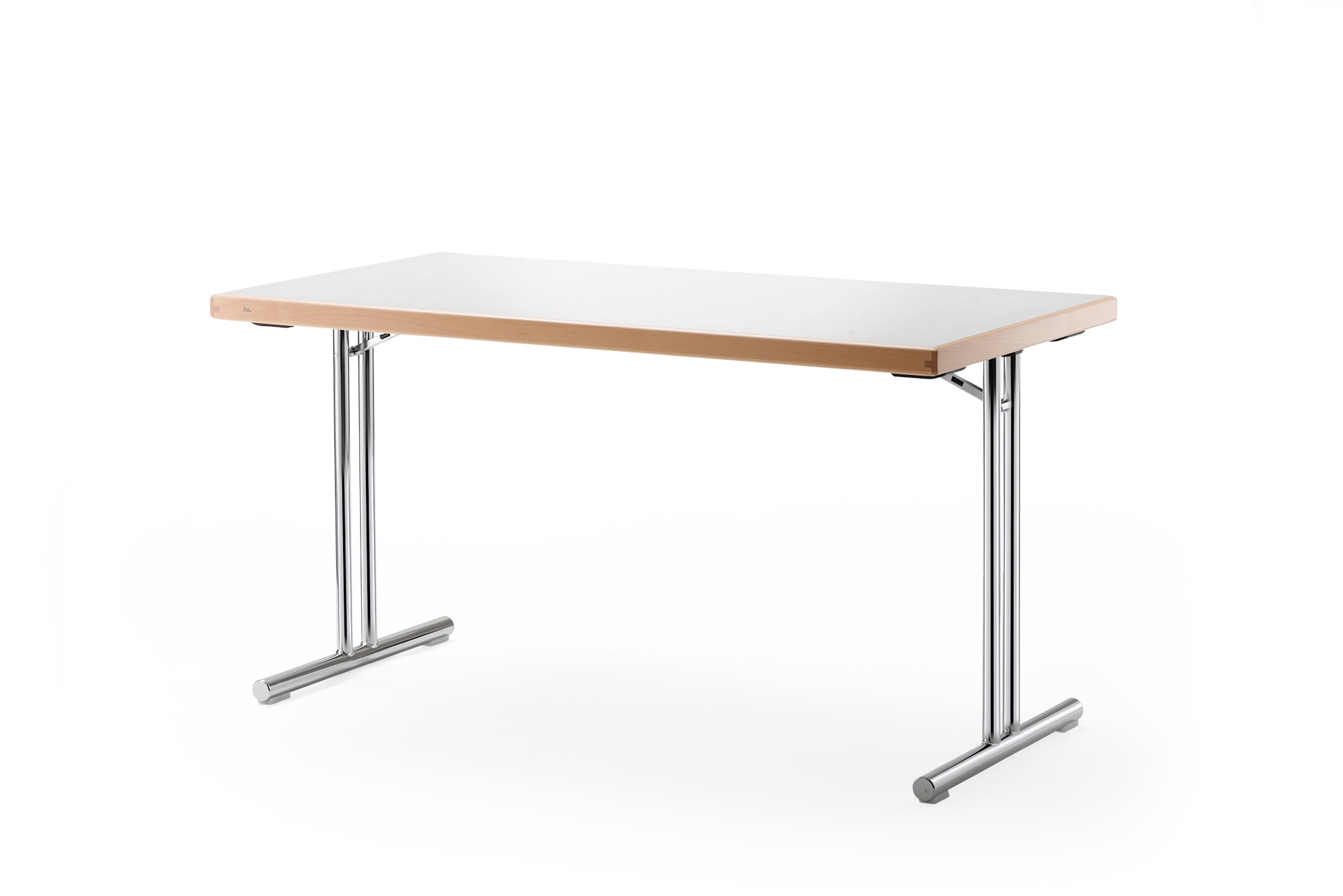 Klapptisch mit weisser Tischoberflaeche und verchromtes Gestell