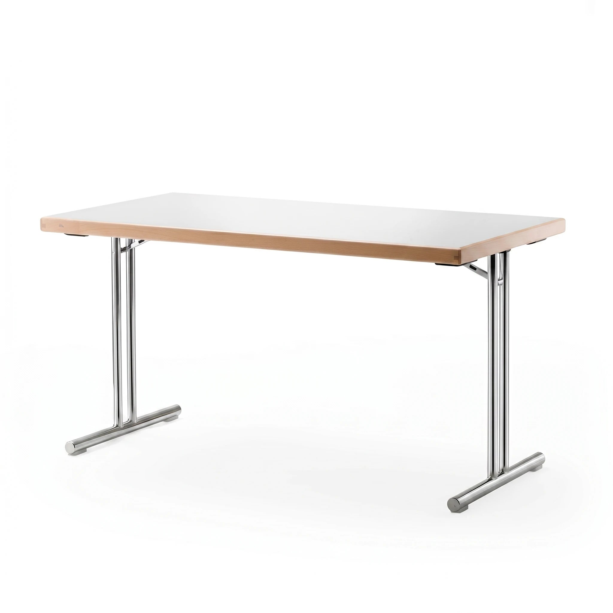 Klapptisch mit weisser Tischoberflaeche und verchromtes Gestell