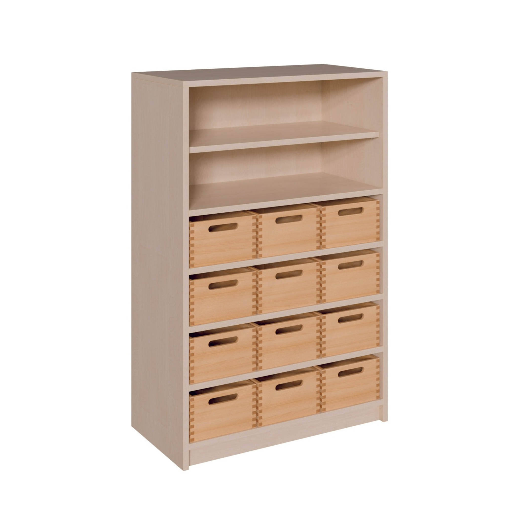 Materialschrank aus Holz mit hohen Boxen ideal fuer Kindergarten