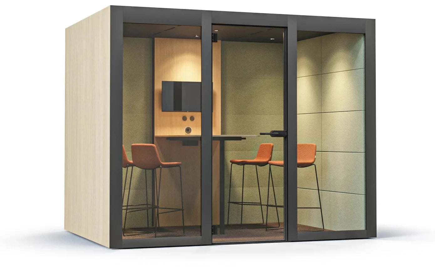 Meetingbox aussen Holz innen Akustikwand fuer vier Personen