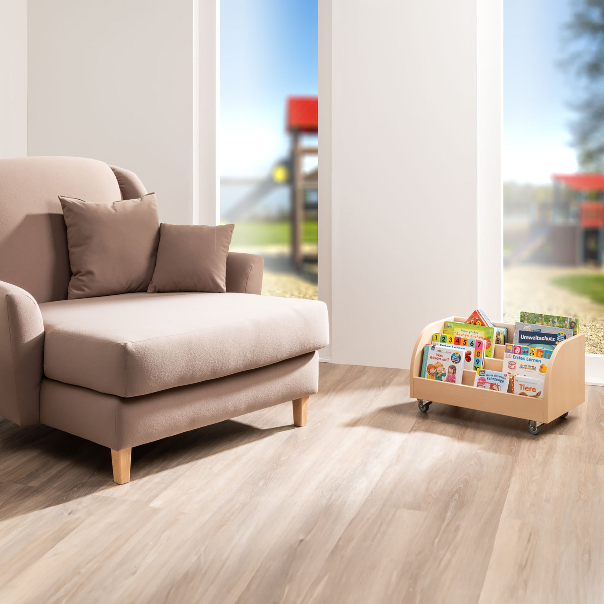 Bücherwagen Kindergarten mit Rollen Birke