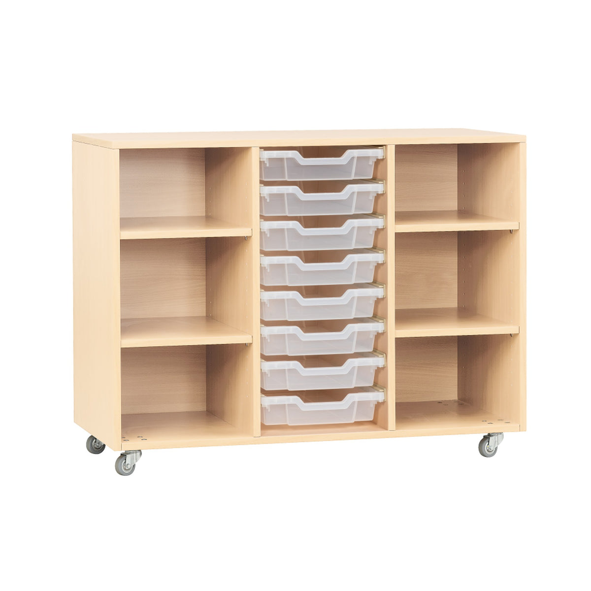 Mobiles Regal für Kindergarten mit Materialboxen auf Rollen Birke