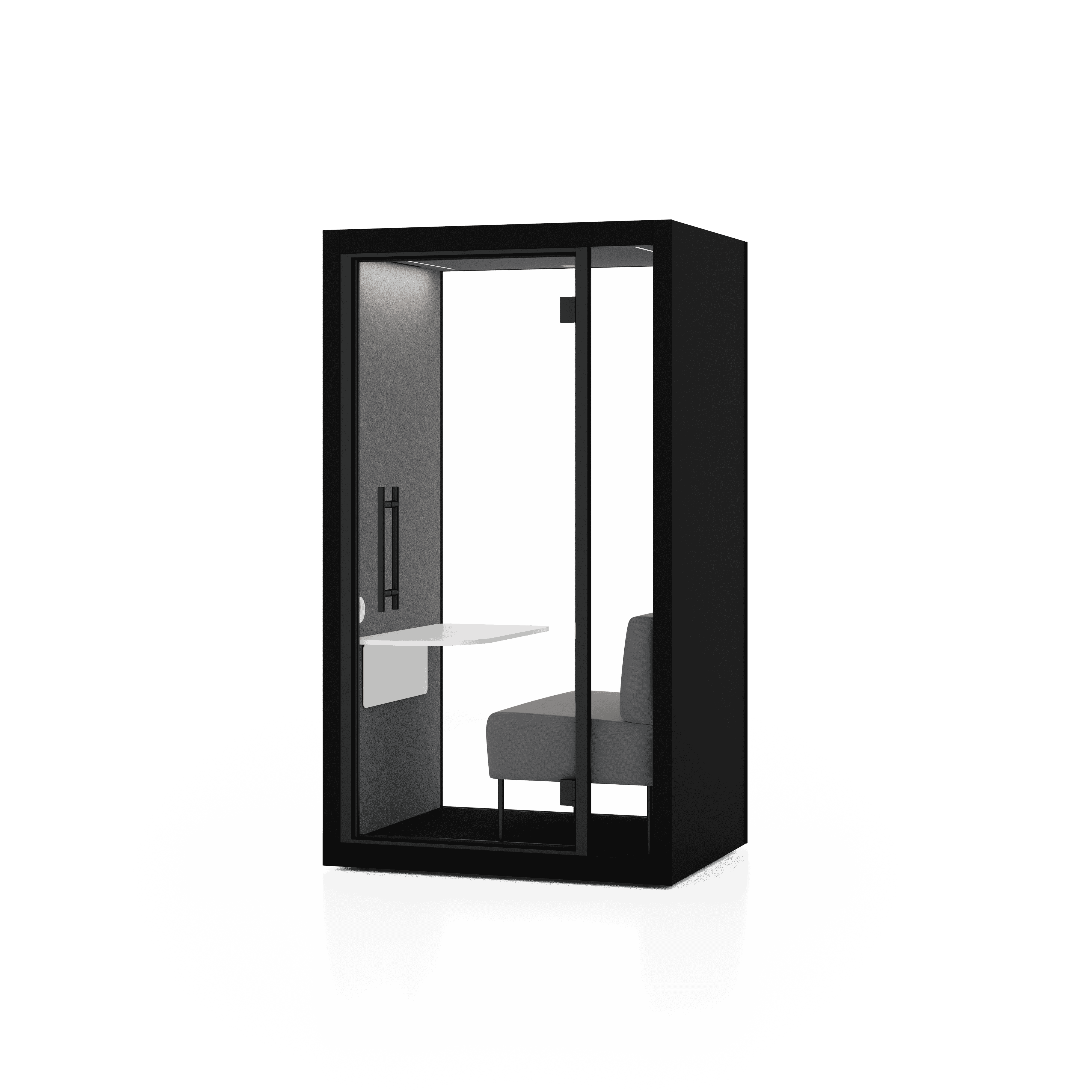 Frontansicht der Chatbox Solo Phone Box mit transparenter Glasfront und stilvollem Design – schallreduzierende Kabine fuer effizientes Arbeiten und Telefonieren im Buero