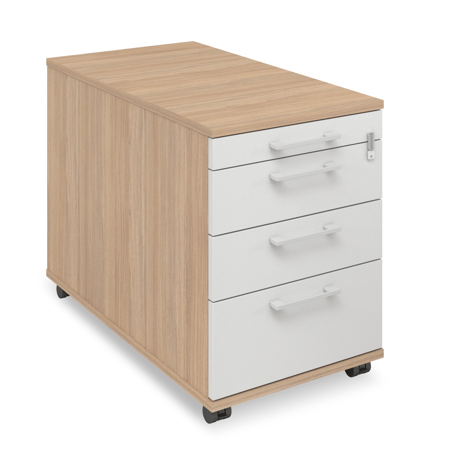 Rollcontainer aus Holz mit drei weissen Schubladen, ausgestattet mit Rollen und einer abschliessbaren Schublade, ideal fuer flexible und sichere Aufbewahrung in modernen Bueroumgebungen, praesentiert von Kibemo