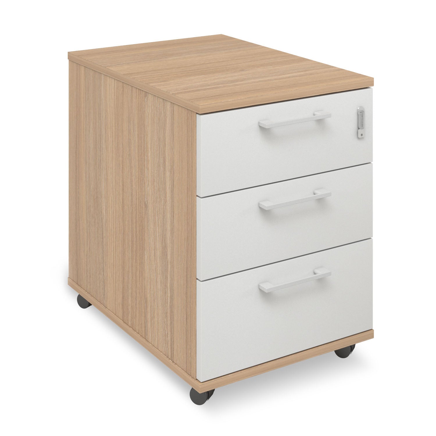 Praktischer Rollcontainer mit drei Schubladen, ideal zur Organisation von Arbeitsmaterialien in Bueros, kombiniert Mobilitaet und modernes Design, praesentiert von Kibemo