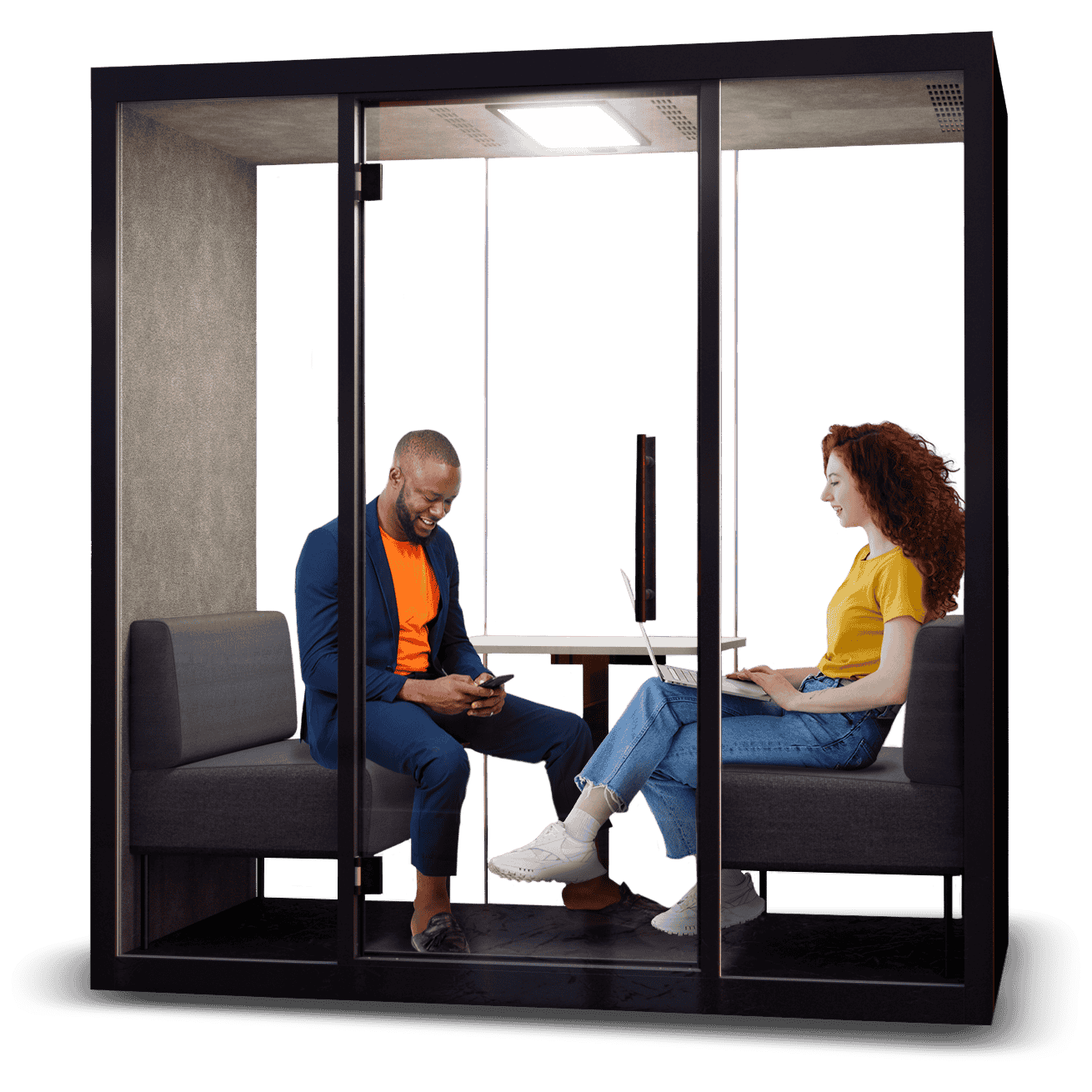 Chatbox Duo Schallschutzkabine mit grosszuegiger Glasfront und zwei Sitzplaetzen – ideal fuer vertrauliche Gespraeche oder Videomeetings in lauter Buero-Umgebung