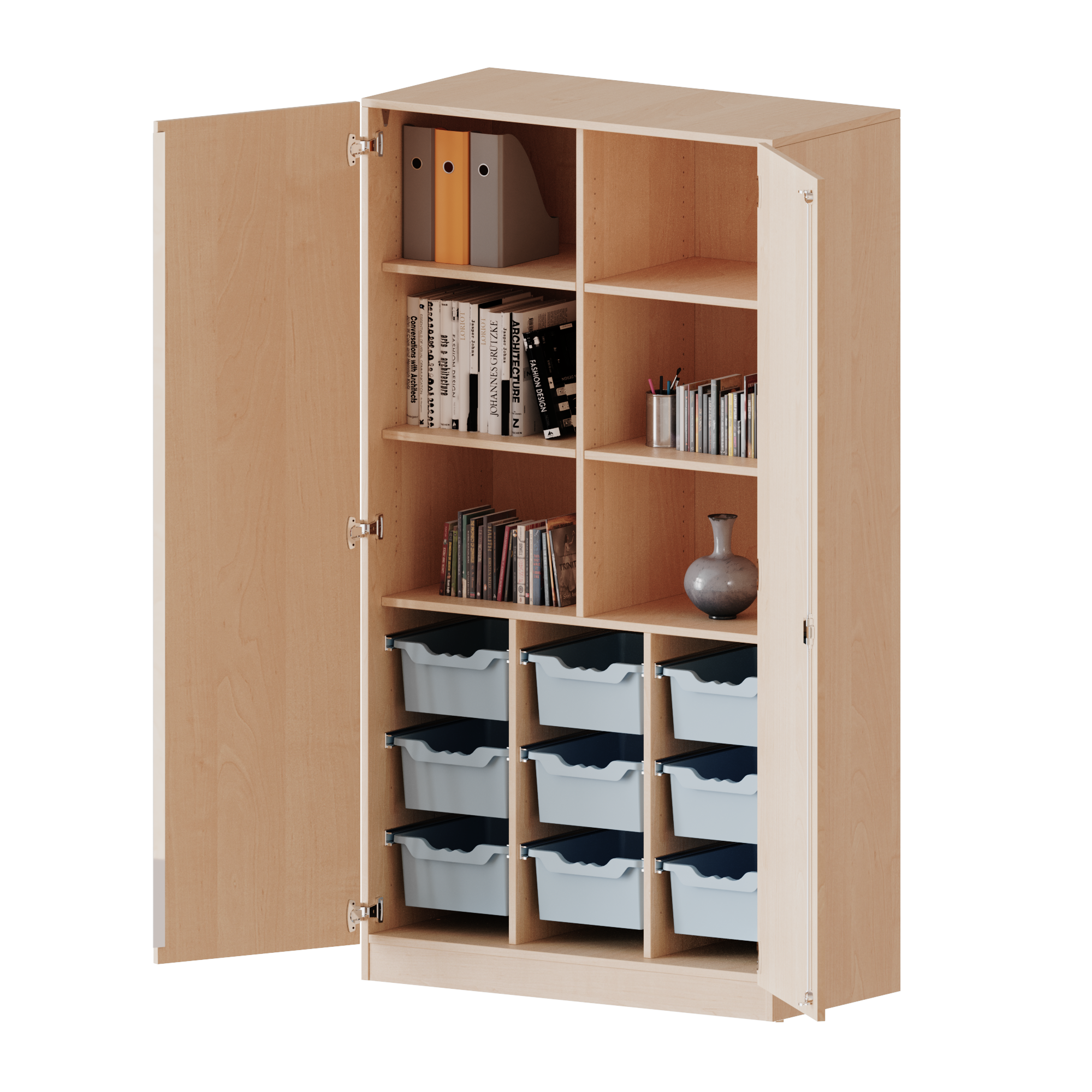 Schulschrank und Kindergartenschrank mit 9 Aufbewahrungsboxen und 5 Ordnerhöhen
