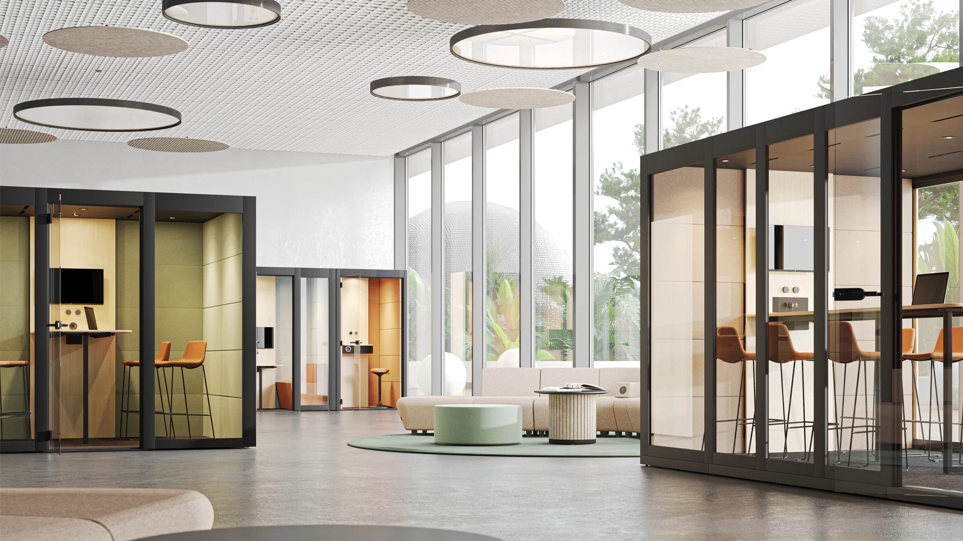 Moderner Sitzungsraum mit einem Raumin-Raum-System, ausgestattet mit stilvollen Moebeln, ergonomischen Stuehlen und schallisolierenden Waenden, ideal fuer produktive Meetings in Bueroumgebungen, praesentiert von Kibemo