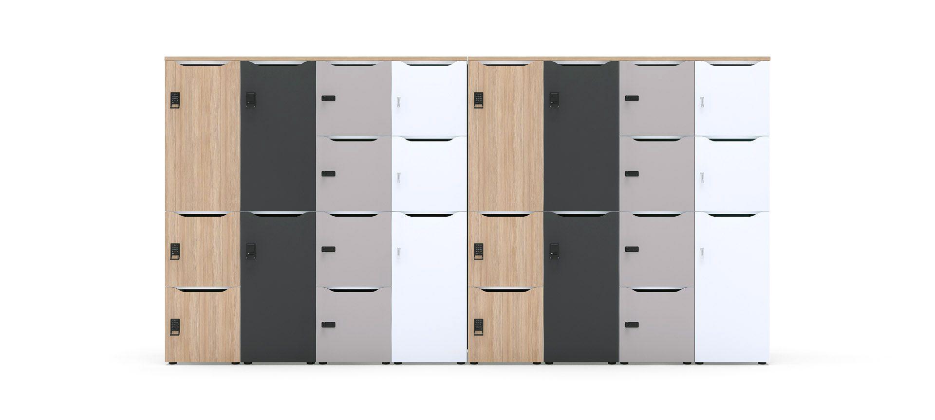 Spindschrank mit Holz Dekor flexibel erweiterbar mit grossen und kleinen Lockers