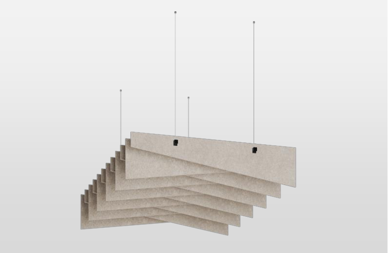 Moderne schallabsorbierende Deckenelemente im Lamellendesign, ideal zur Optimierung der Raumakustik in Bueros und Konferenzraeumen, praesentiert von Kibemo