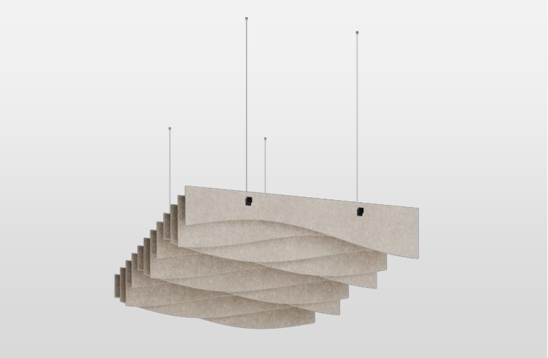 Schallabsorbierende Deckenpaneele im wellenförmigen Design, kombiniert Ästhetik und Funktionalität zur Verbesserung der Akustik in modernen Bueroraeumen, praesentiert von Kibemo