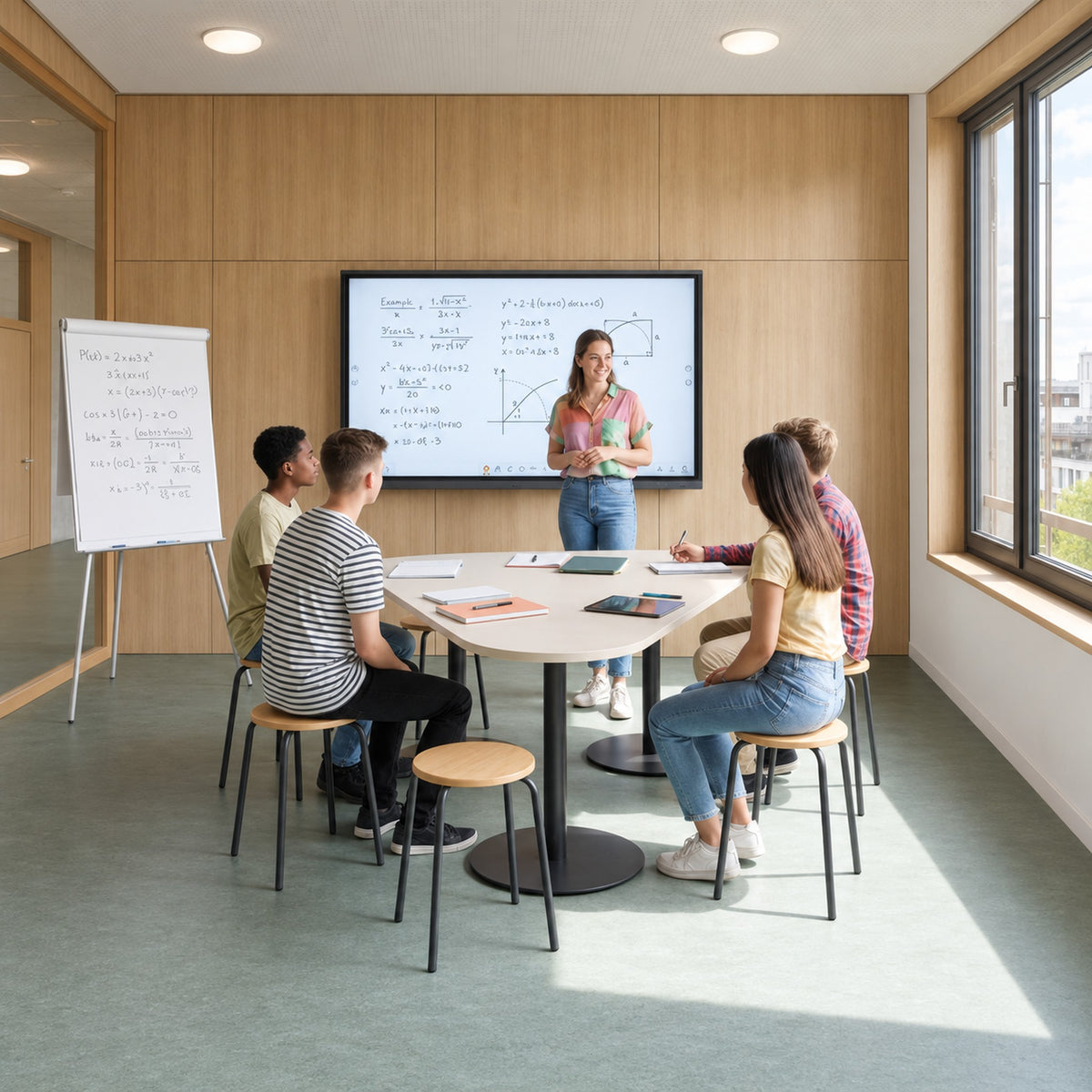 ass-2018-240-gruppentisch-keilform-schulzimmer.jpg	Gruppentisch in Keilform 2018.240 mit heller Platte und Holzsitzhockern beim Unterricht im Schulzimmer.