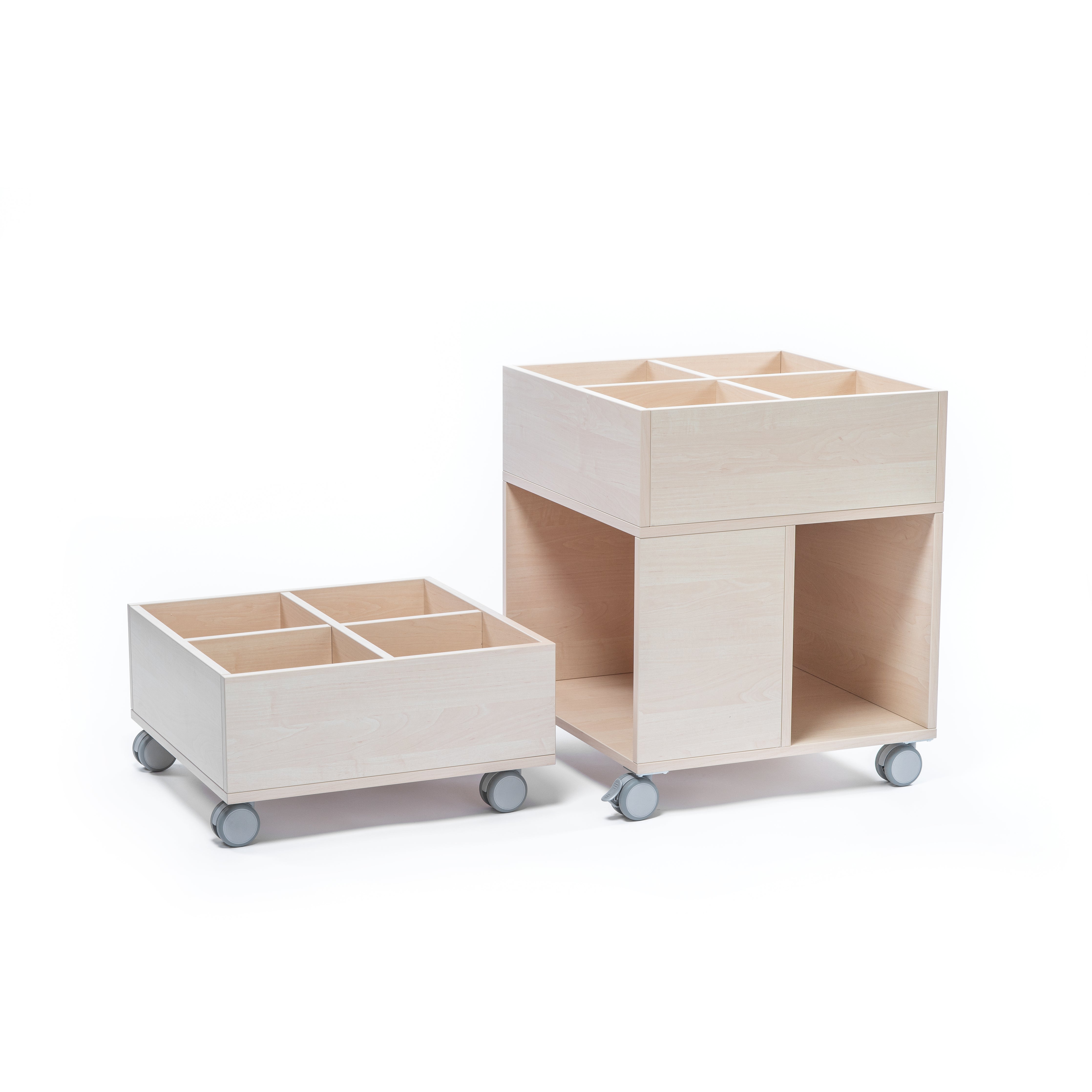 Bücherwagen und Bücherkiste als Set auf Rollen aus hochwertigem Holz für Kita und Kindergarten