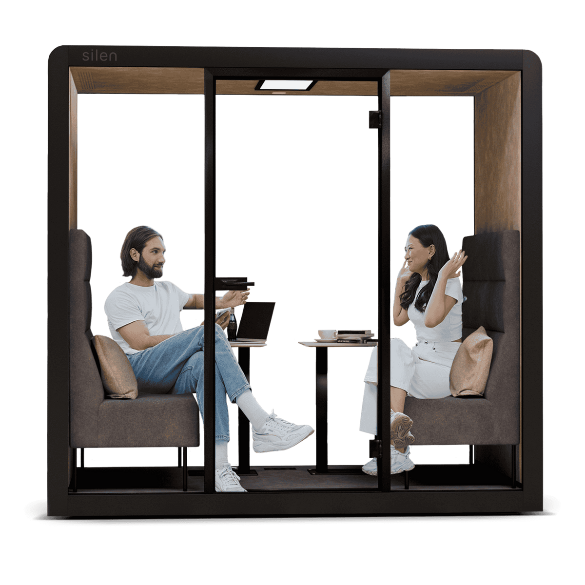 Silen Space Buerobox fuer zwei Personen mit grosser Glasfront und schallreduzierter Ausstattung – ideale Kabine fuer Besprechungen und ruhiges Arbeiten im offenen Buero