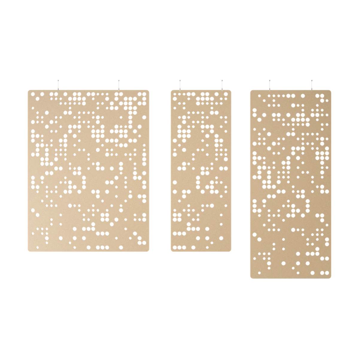 Hängender Raumtrenner von Impact Acoustic in Beige aus recyceltem Material, drei Formate mit rundem Lochmuster