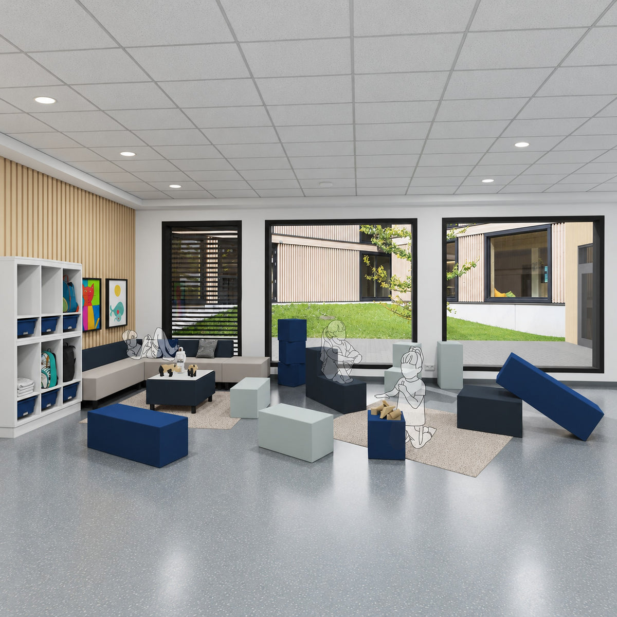 Modulares Polstersystem für Kita und Kindergarten JUNIOR im Spielraum mit blauen und mintfarbenen Spielpolstern.