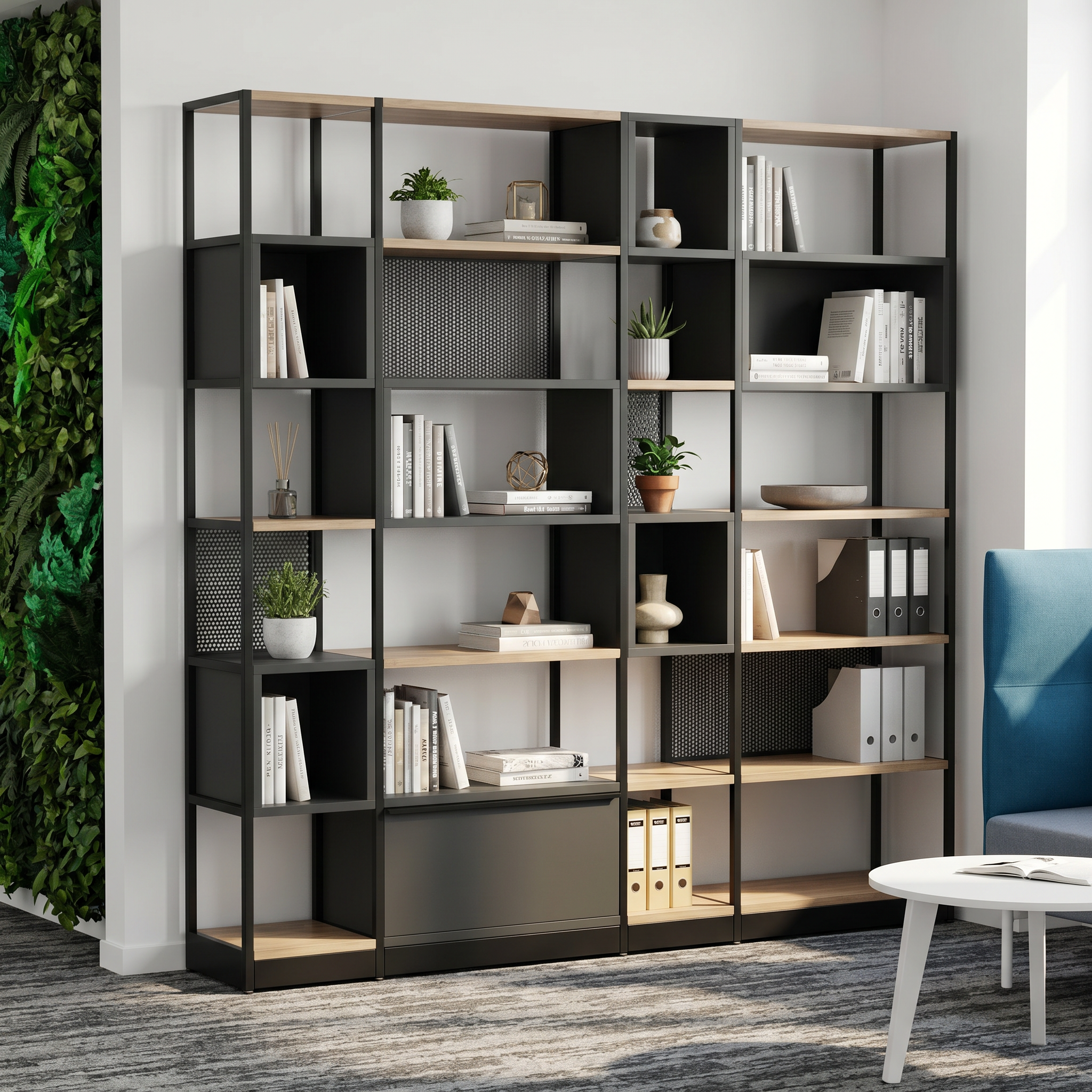 Büroregal Raumtrenner 5OH mit Schubfach  B/T/H 196x40x201 cm | COMBUS