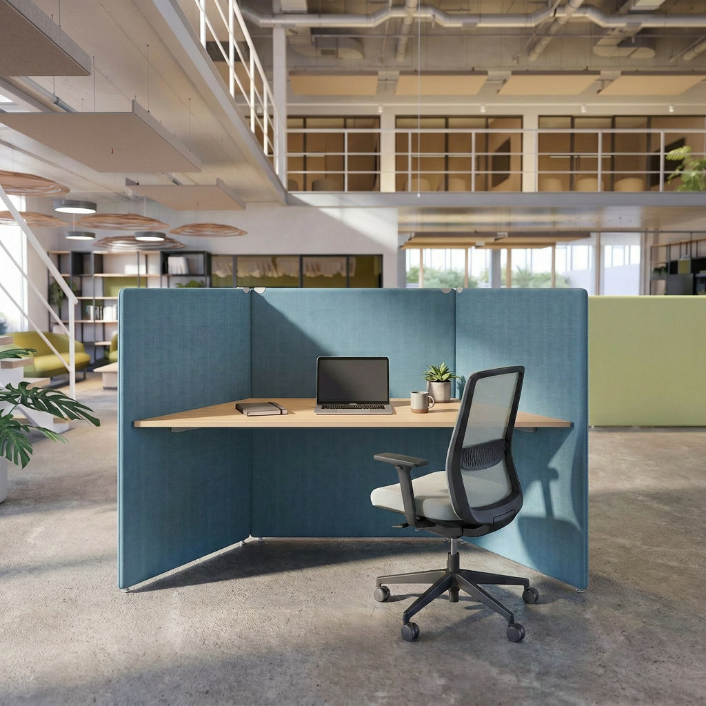 V-shaped focus workstations acoustically effective and flexibly expandable | MY SPACE