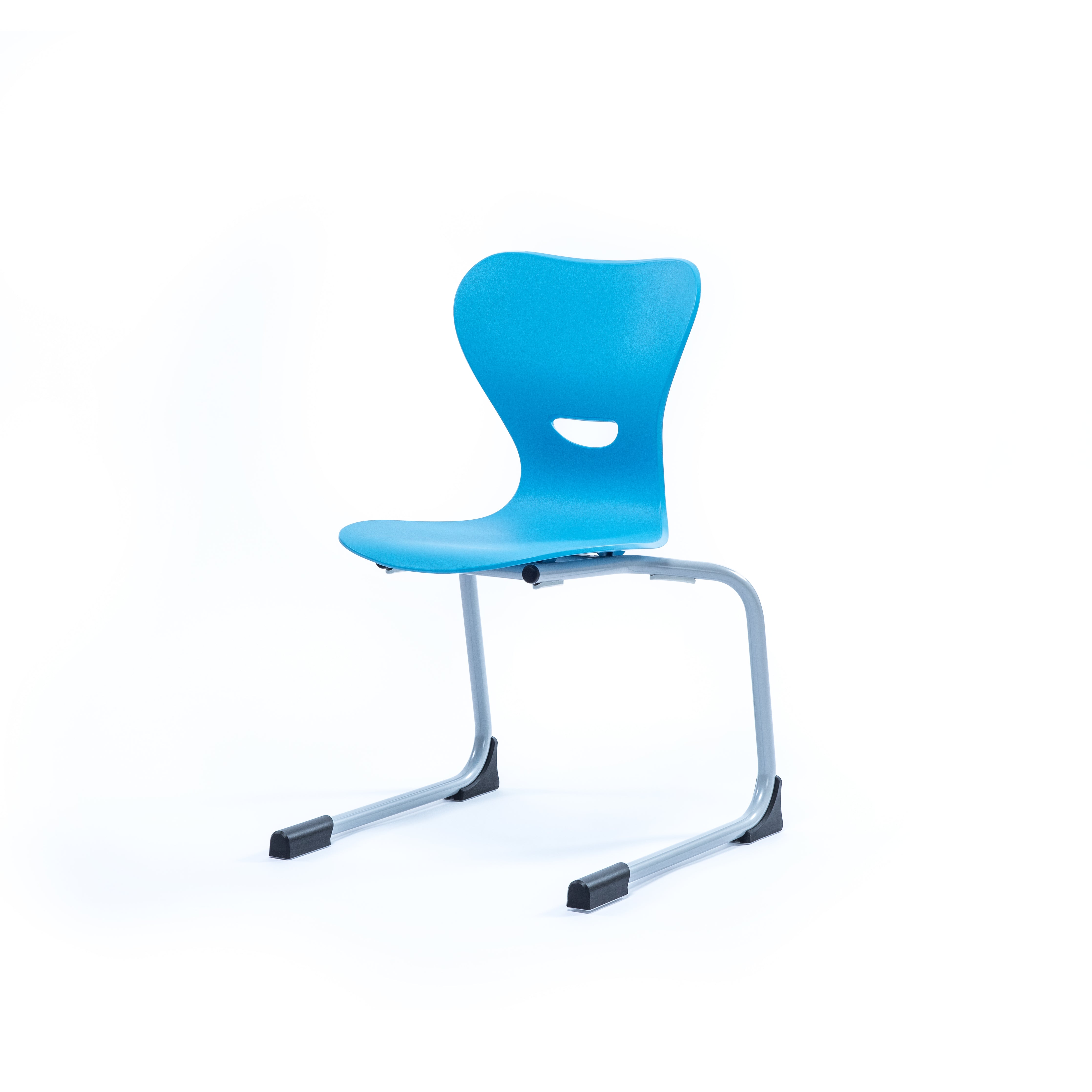 Mehrzweckstuhl modern für Schule und blauer Kunststoffsitzschale und Griffloch seitliche Ansicht
