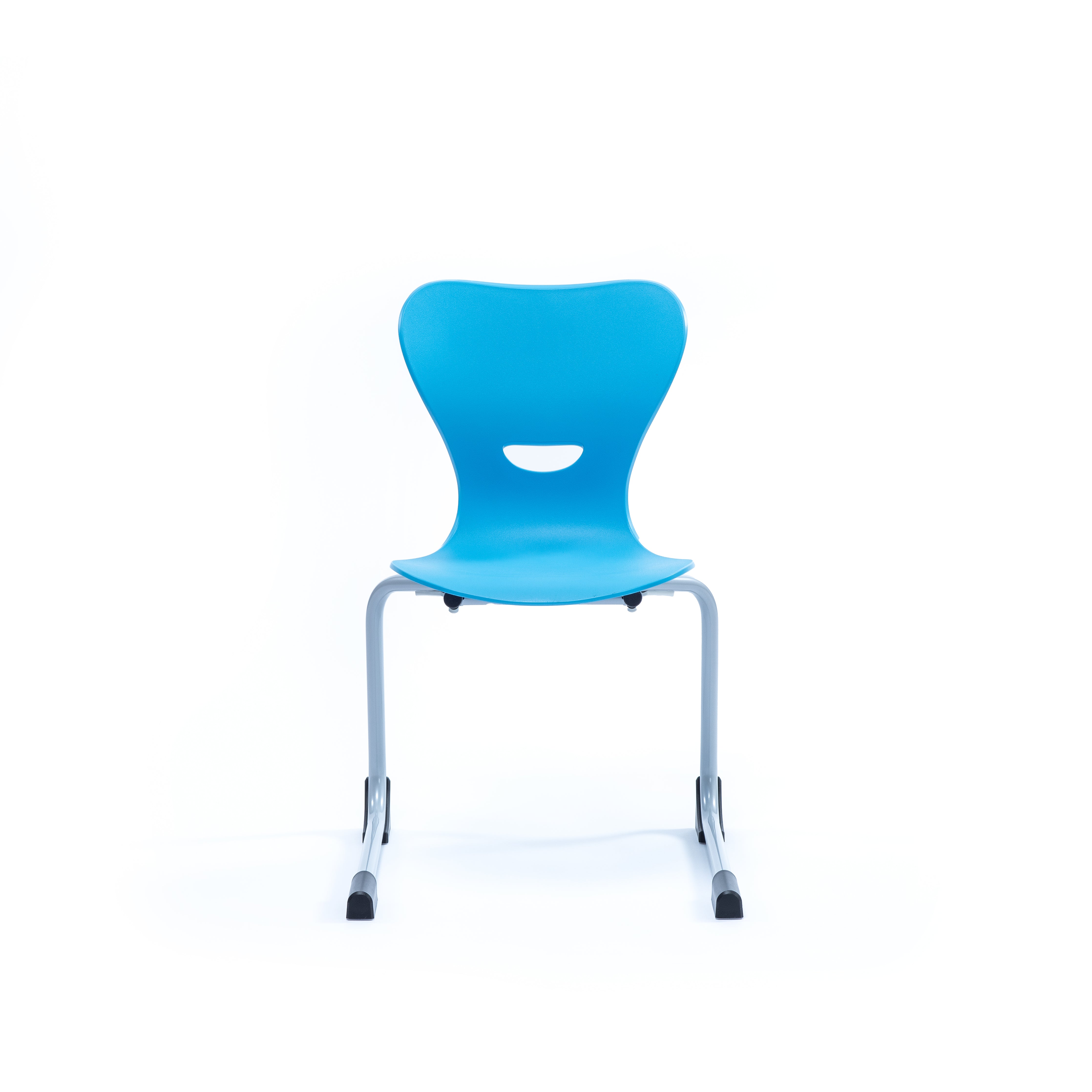 Mehrzweckstuhl modern für Schule und blauer Kunststoffsitzschale und Griffloch