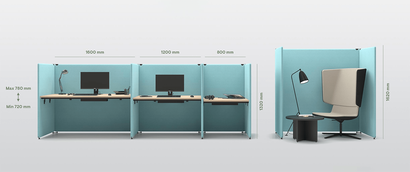 Flexible und vielseitige Raum-in-Raum-Systeme in verschiedenen Grössen, ideal für Meetings, konzentriertes Arbeiten oder Telefonate in offenen Bueroumgebungen, praesentiert von Kibemo