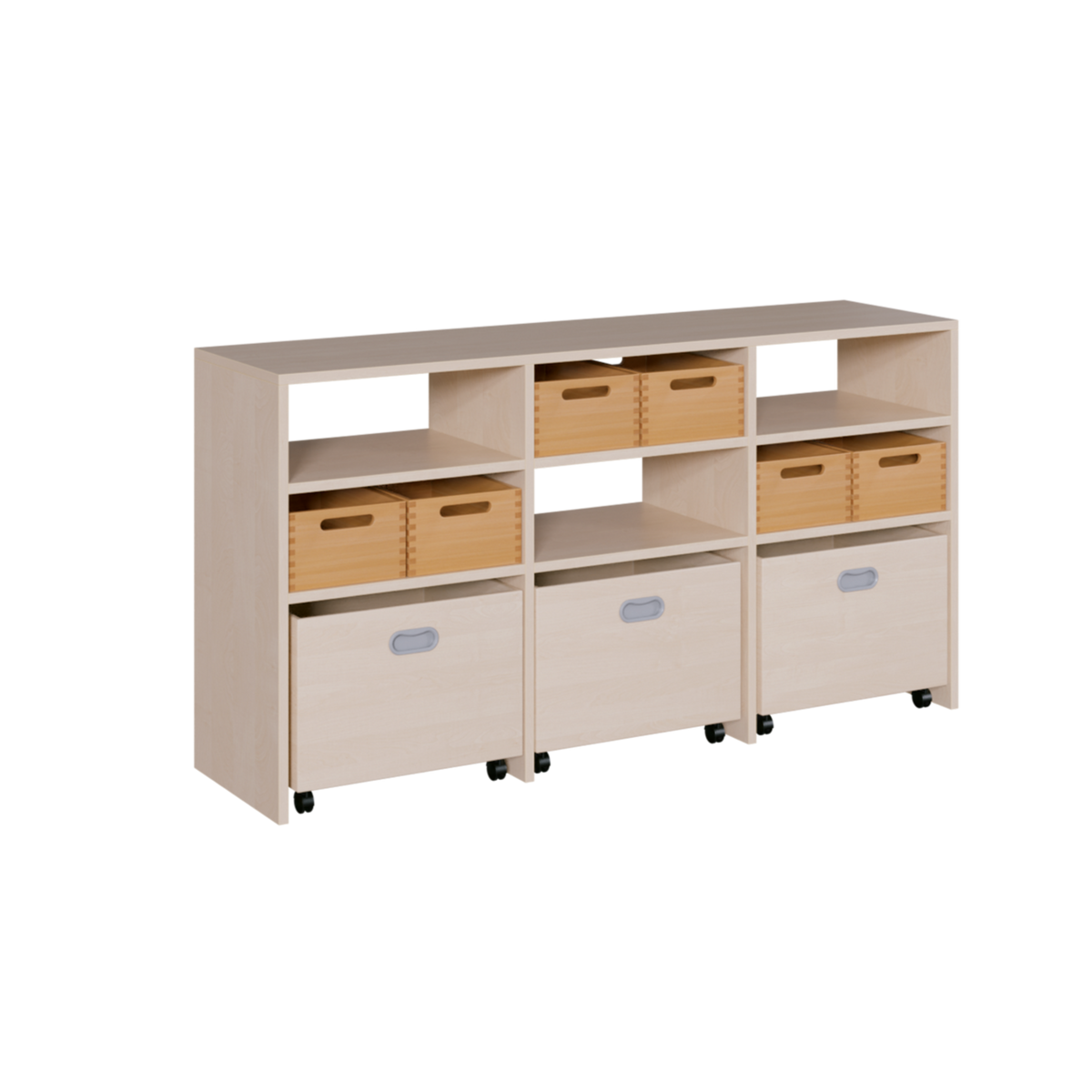 Regal mit Materialboxen und Rollkaesten fuer Kindergarten