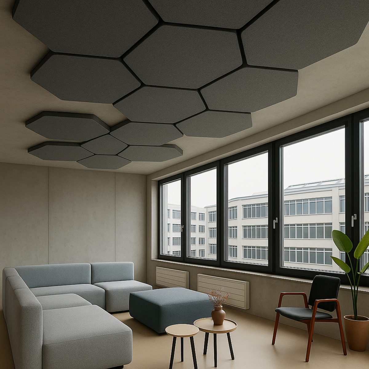Schallschutz Decke HEXAGON – Top Akustiklösung mit Absorptionsklasse A | Schweizer Design