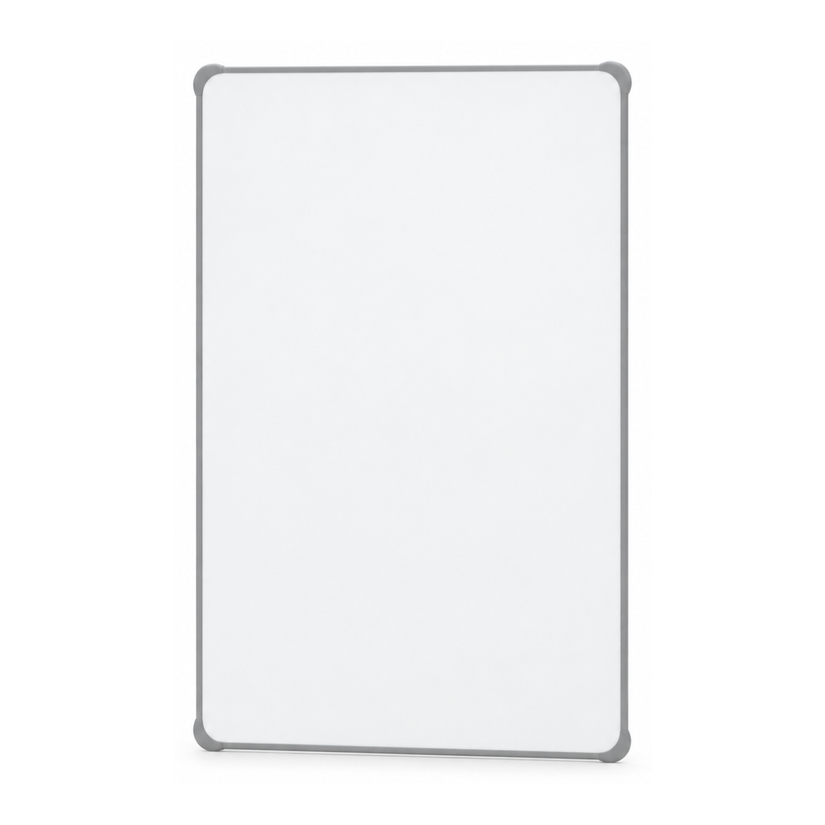 Schiebetafel beidseitig weiss emailliert und magnetisch aus Stahlblech, mit grauer Einfassung im Hochformat.