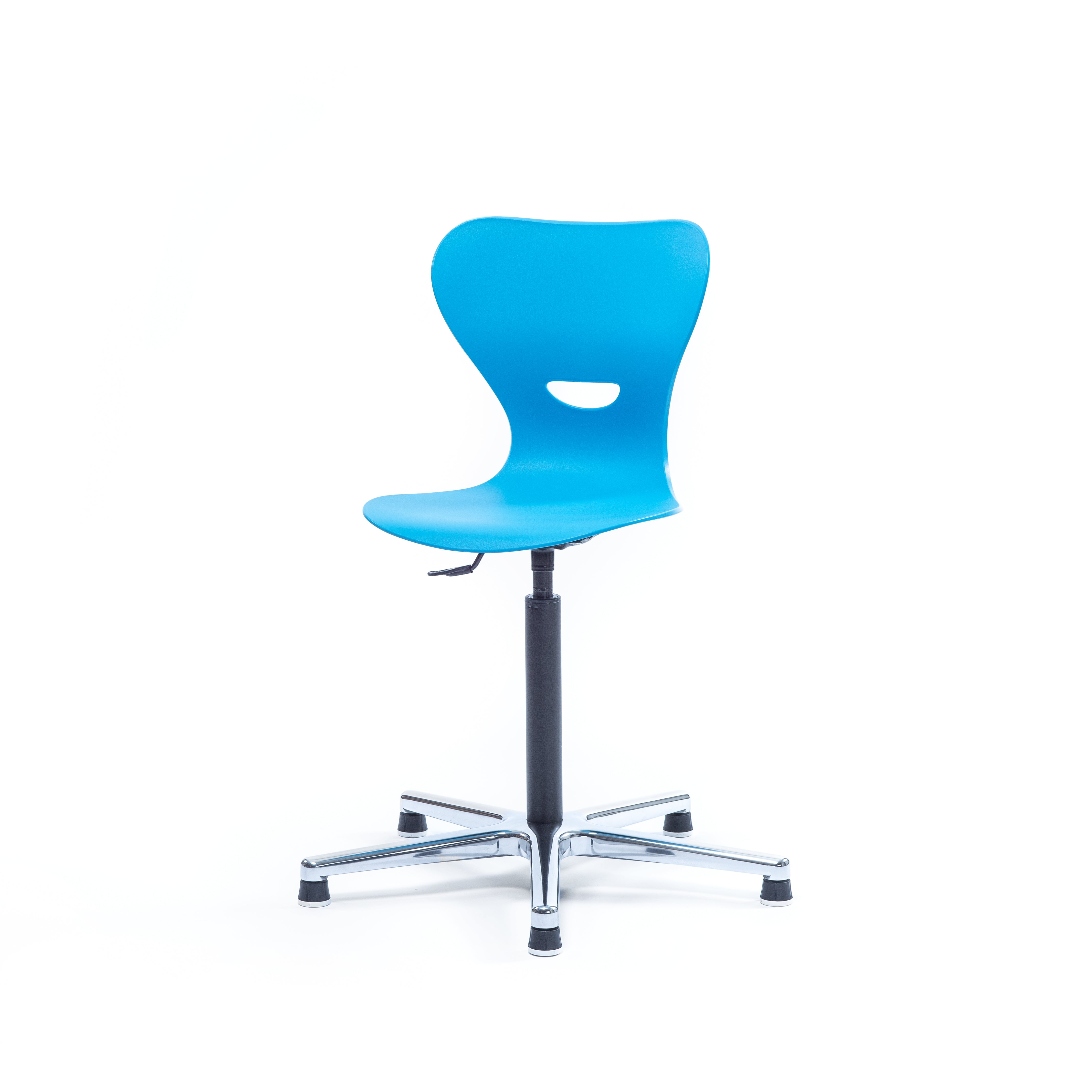 Schülerstuhl höhenverstellbar seitlicher Blick mit blauer Sitzschale aus Kunststoff und Griffloch