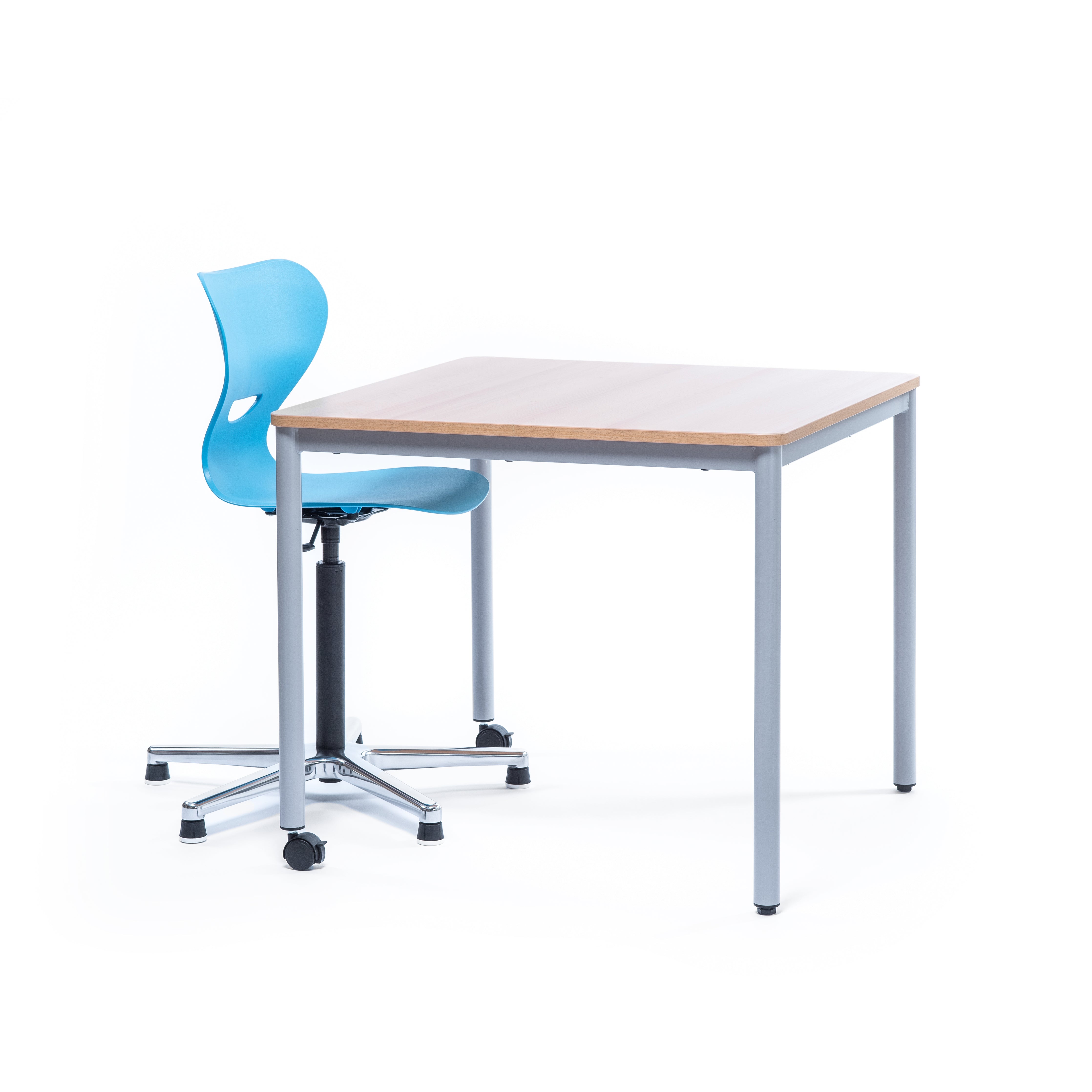Schulstuhl aus Kunststoff mit passendem Schülertisch quadratisch aus Holz