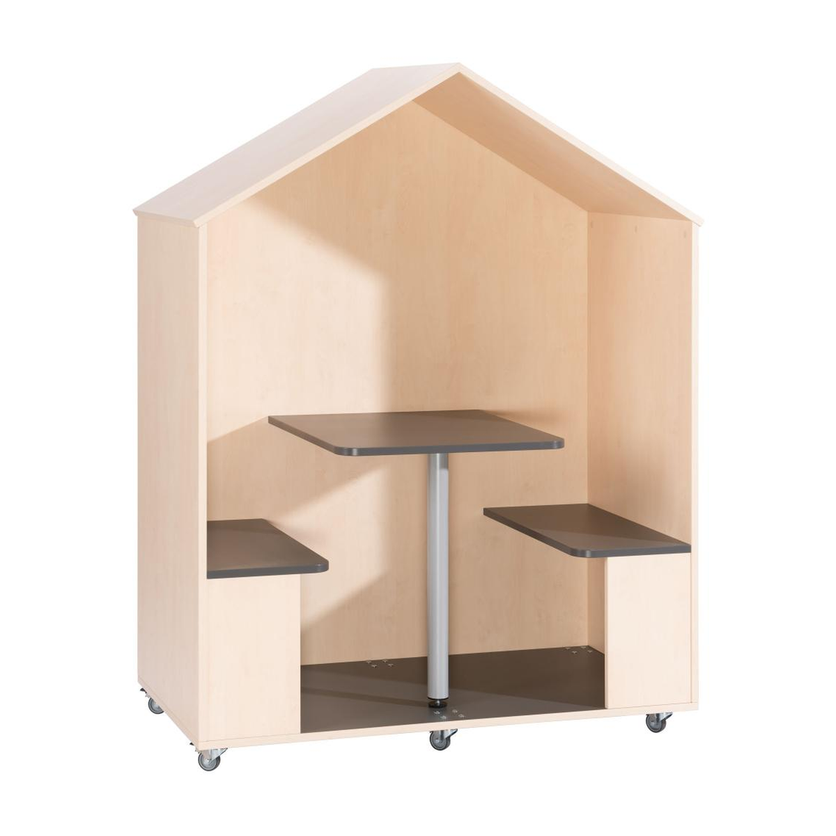 TOP Haus auf Rollen mit Tisch und zwei Bänken mit dunklen Oberflächen für Kindergarten und Schule, Seitenansicht.