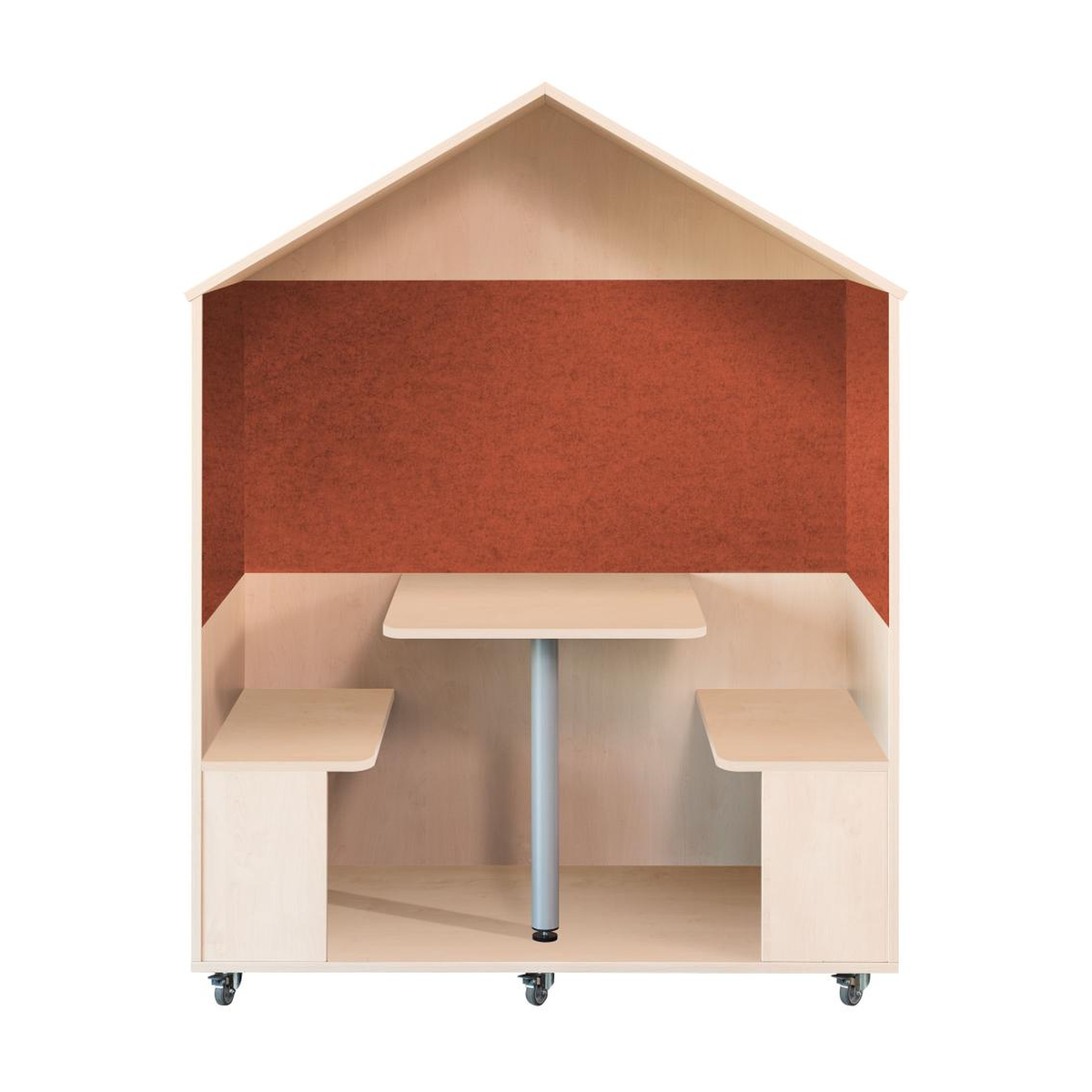 TOP Haus auf Rollen mit Tisch, zwei Bänken und rostroten Schallabsorbern für Kindergarten und Schule, Sitzhöhe 38 cm