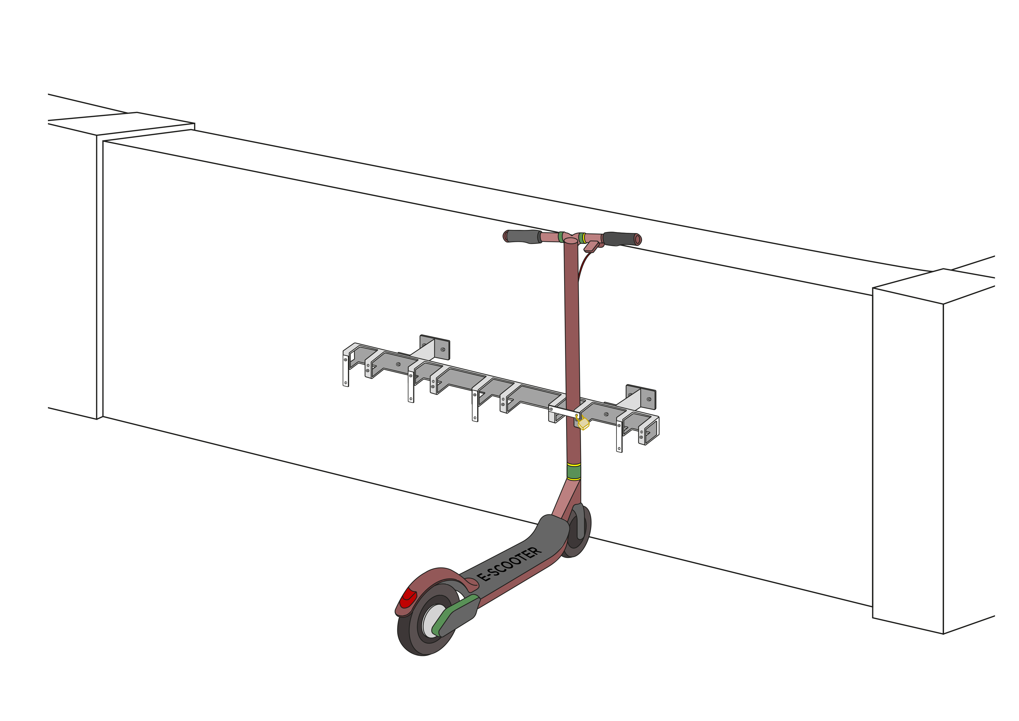 E-scooter Stand pour le montage mural avec 5 places de stationnement