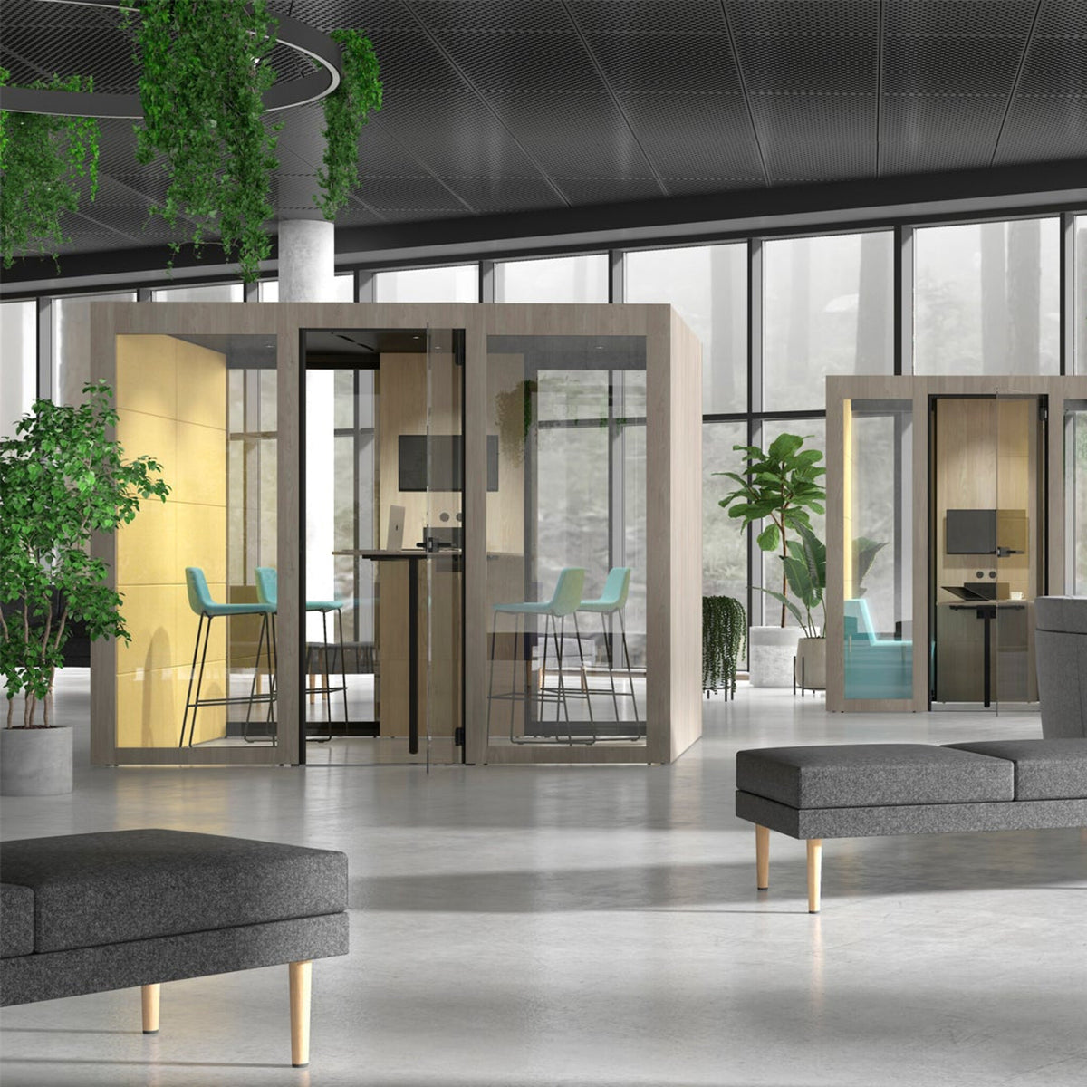 Silent Room L Meetingbox mit heller Innenausstattung, grossen Glaswaenden und modernem Design – akustisch abgeschirmter Besprechungsraum fuer effiziente Teamarbeit im offenen Buero
